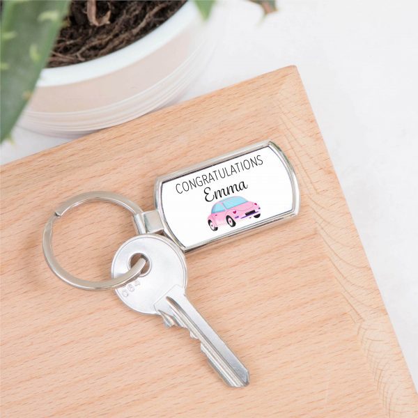 Personalised Congratulations Pink Car Metal Keyring