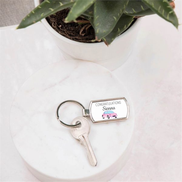 Personalised Congratulations Pink Car Metal Keyring - Image 3