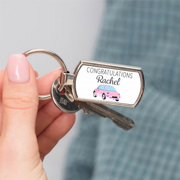Personalised Congratulations Pink Car Metal Keyring - Image 4