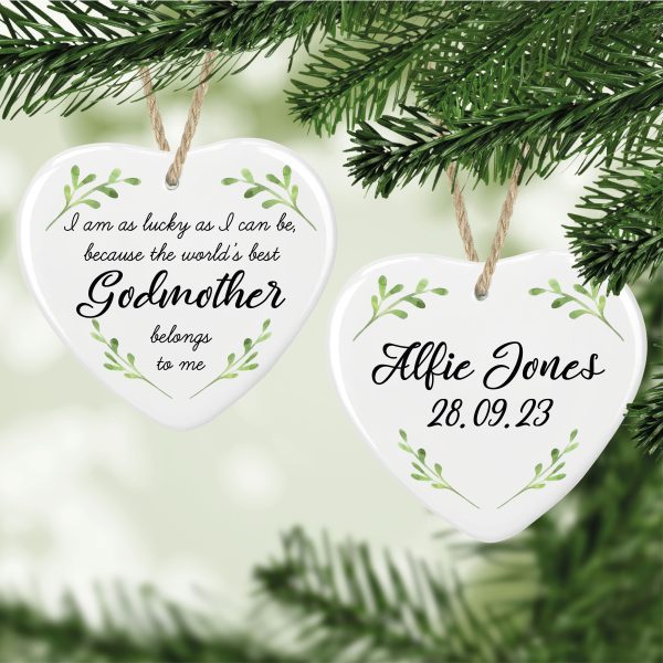 Personalised Godmother Ceramic Heart Hanging Christmas Tree Bauble Decoration Ornament - Image 2