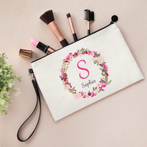 Personalised Floral Linen Make Up Bag - Gift for Her