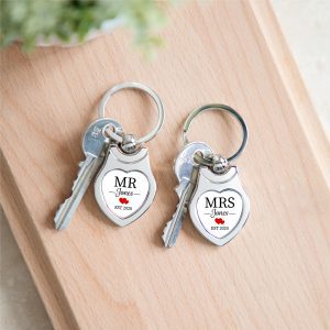 Personalised Mr & Mrs Pair Of Heart Metal Keyrings