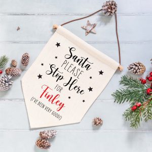 Personalised Santa Stop Here Linen Style Hanging Flag Pennant Sign