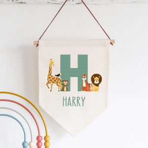 Personalised Safari Jungle Name Linen Style Hanging Flag Pennant Sign