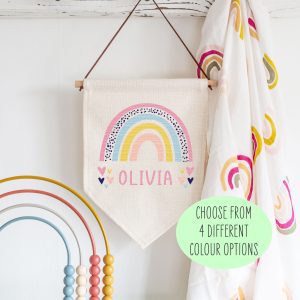 Personalised Rainbow Name Linen Style Hanging Flag Pennant Sign