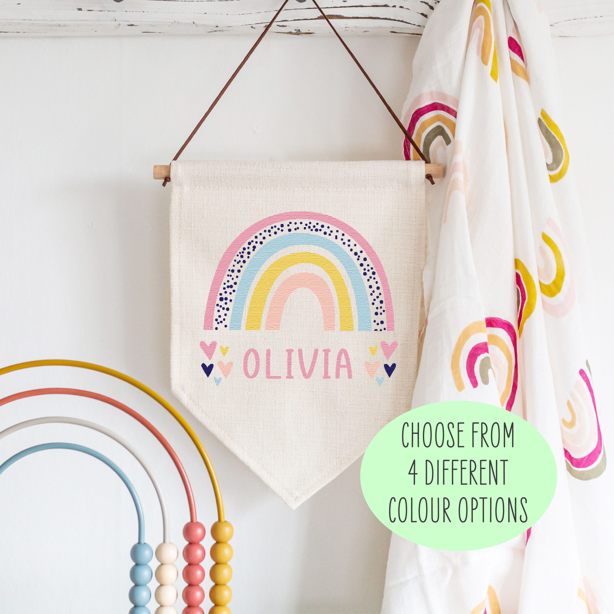 Personalised Rainbow Name Linen Style Hanging Flag Pennant Sign