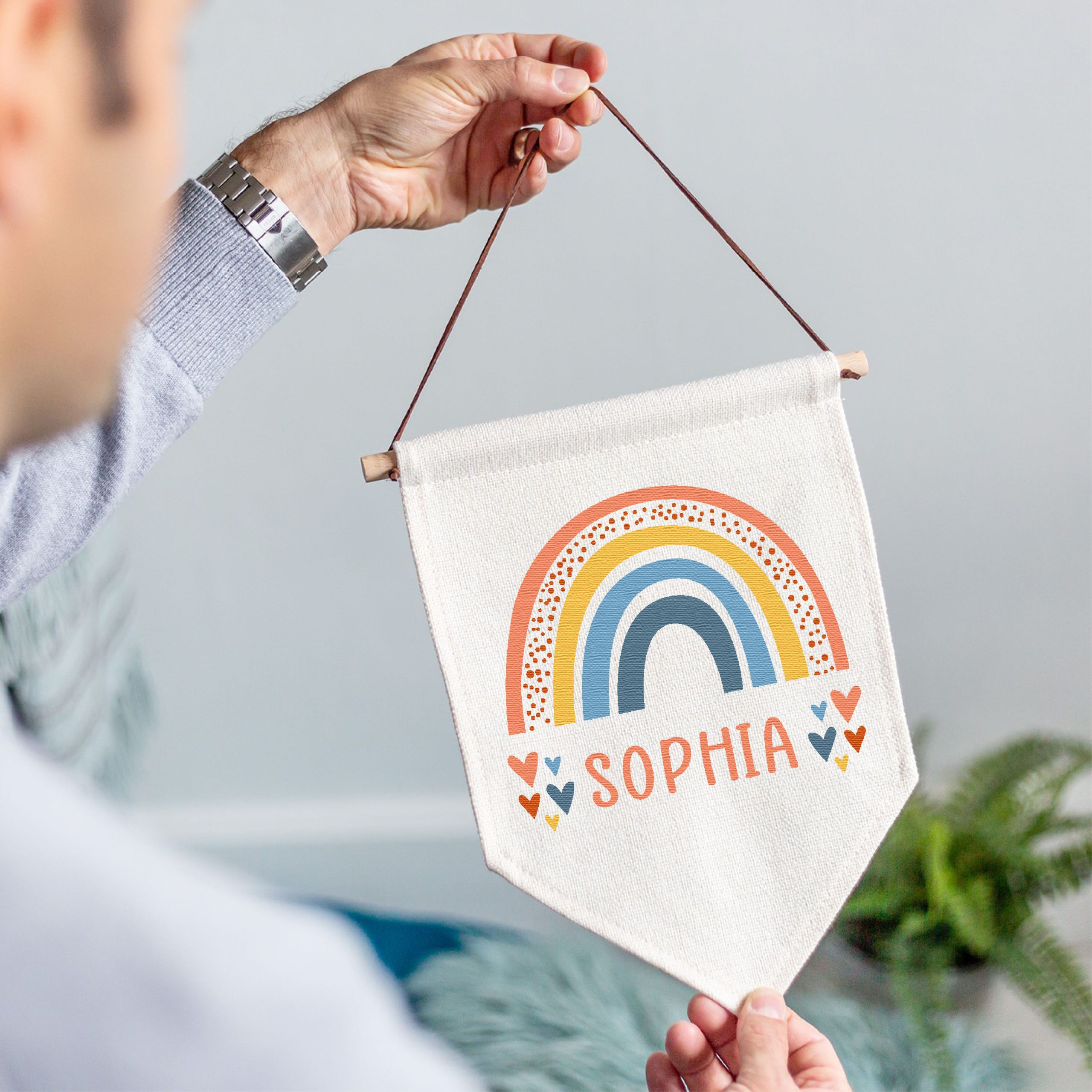 Personalised Rainbow Name Linen Style Hanging Flag Pennant Sign - Image 3