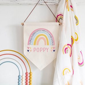 Personalised Rainbow Name Linen Style Hanging Flag Pennant Sign