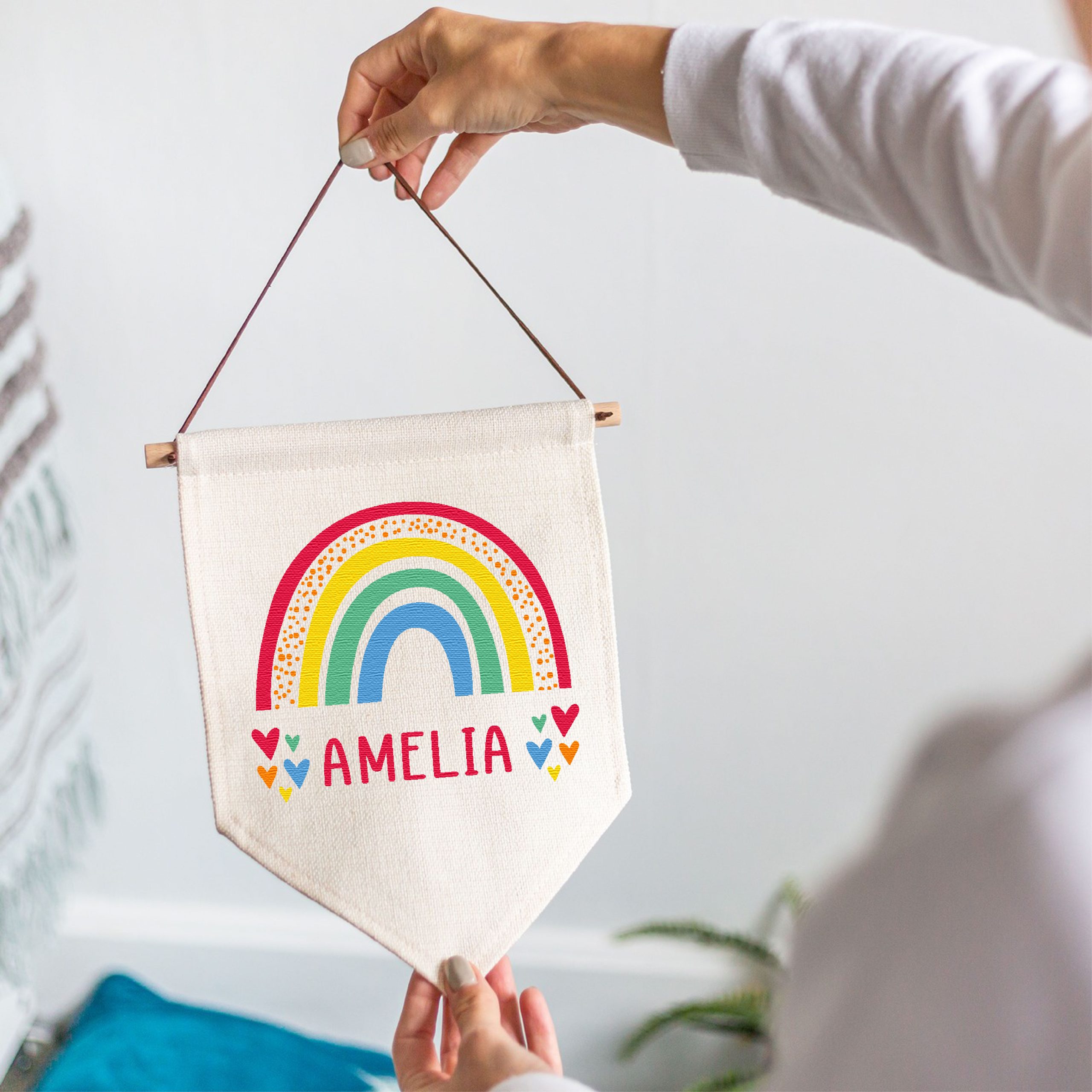 Personalised Rainbow Name Linen Style Hanging Flag Pennant Sign - Image 5