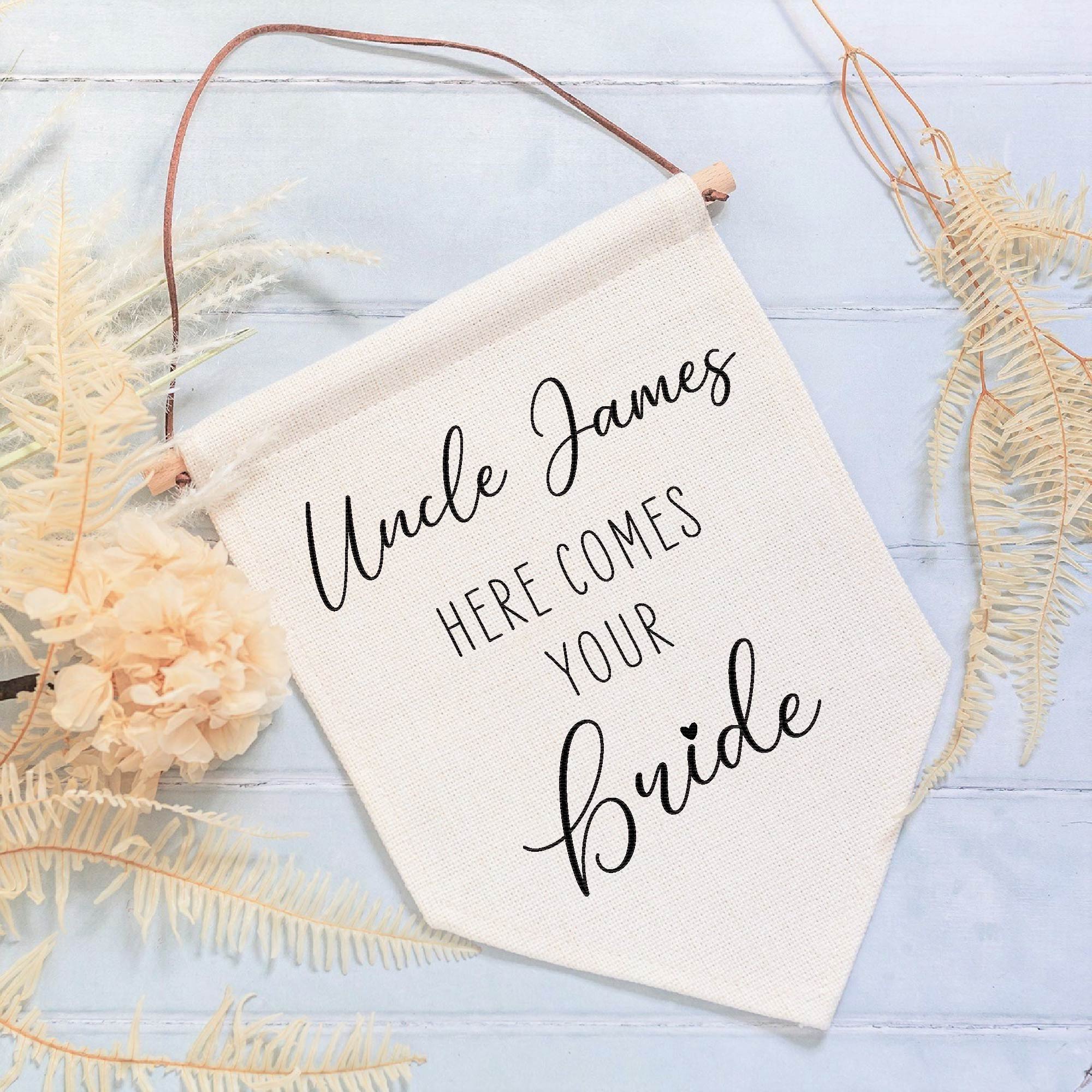 Personalised Here Comes Your Bride Wedding Linen Style Flag Banner Sign