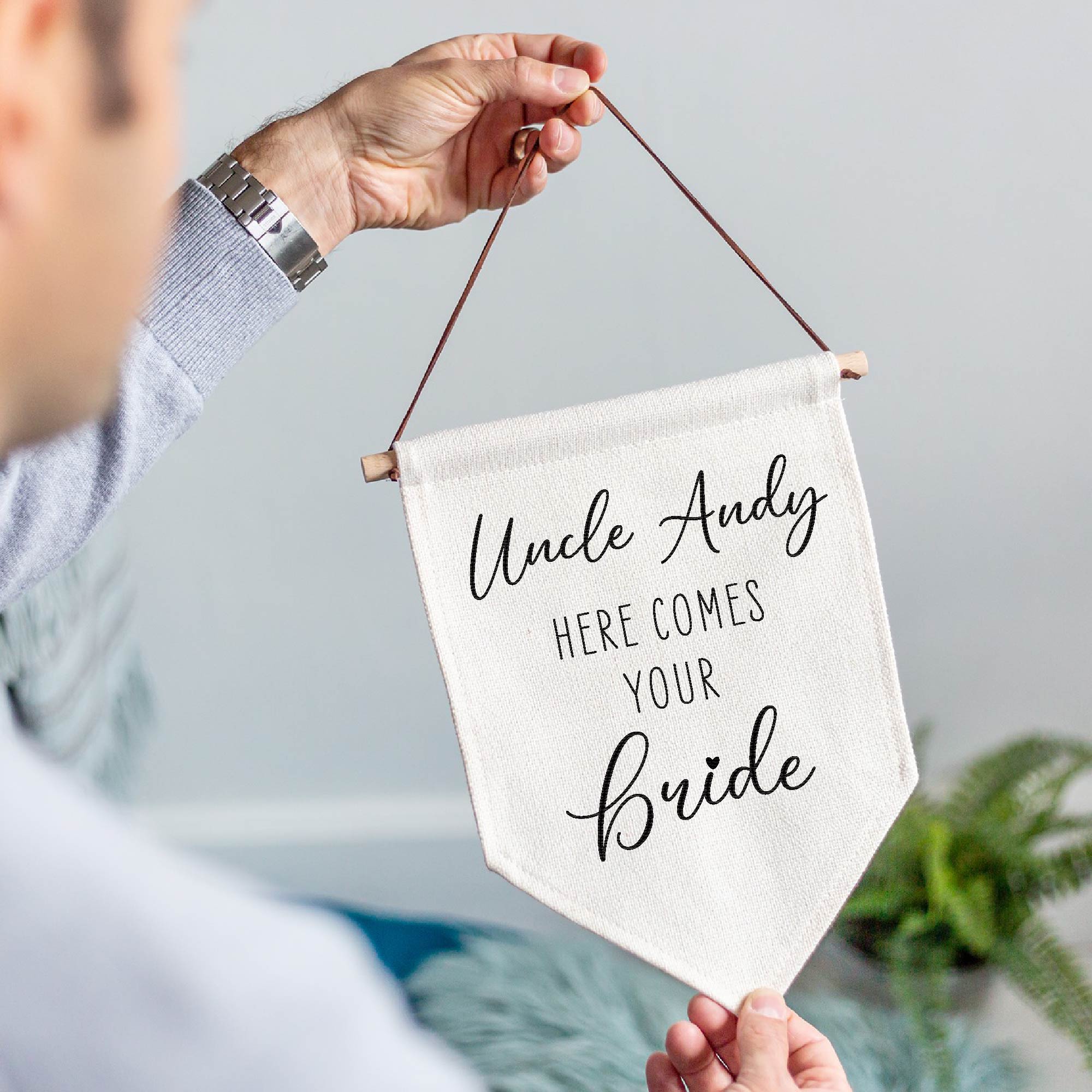 Personalised Here Comes Your Bride Wedding Linen Style Flag Banner Sign - Image 3