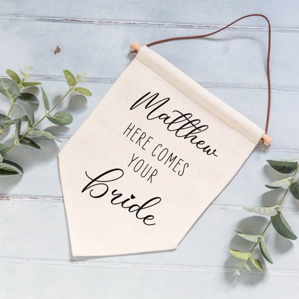 Personalised Here Comes Your Bride Wedding Linen Style Flag Banner Sign - Image 4