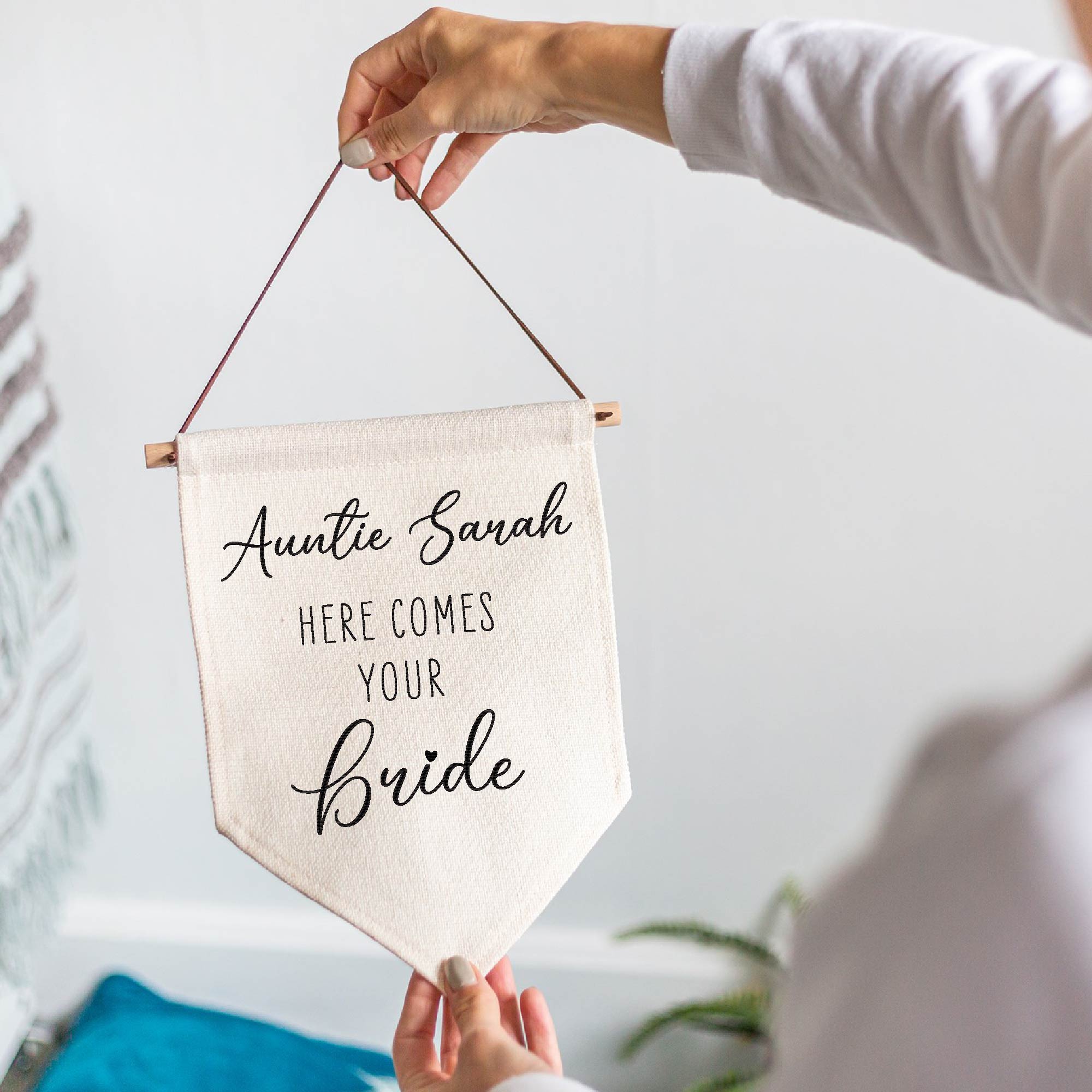Personalised Here Comes Your Bride Wedding Linen Style Flag Banner Sign - Image 5