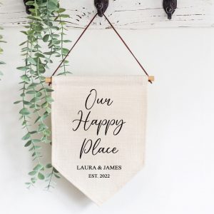 Personalised Our Happy Place Linen Style Hanging Flag Pennant Sign