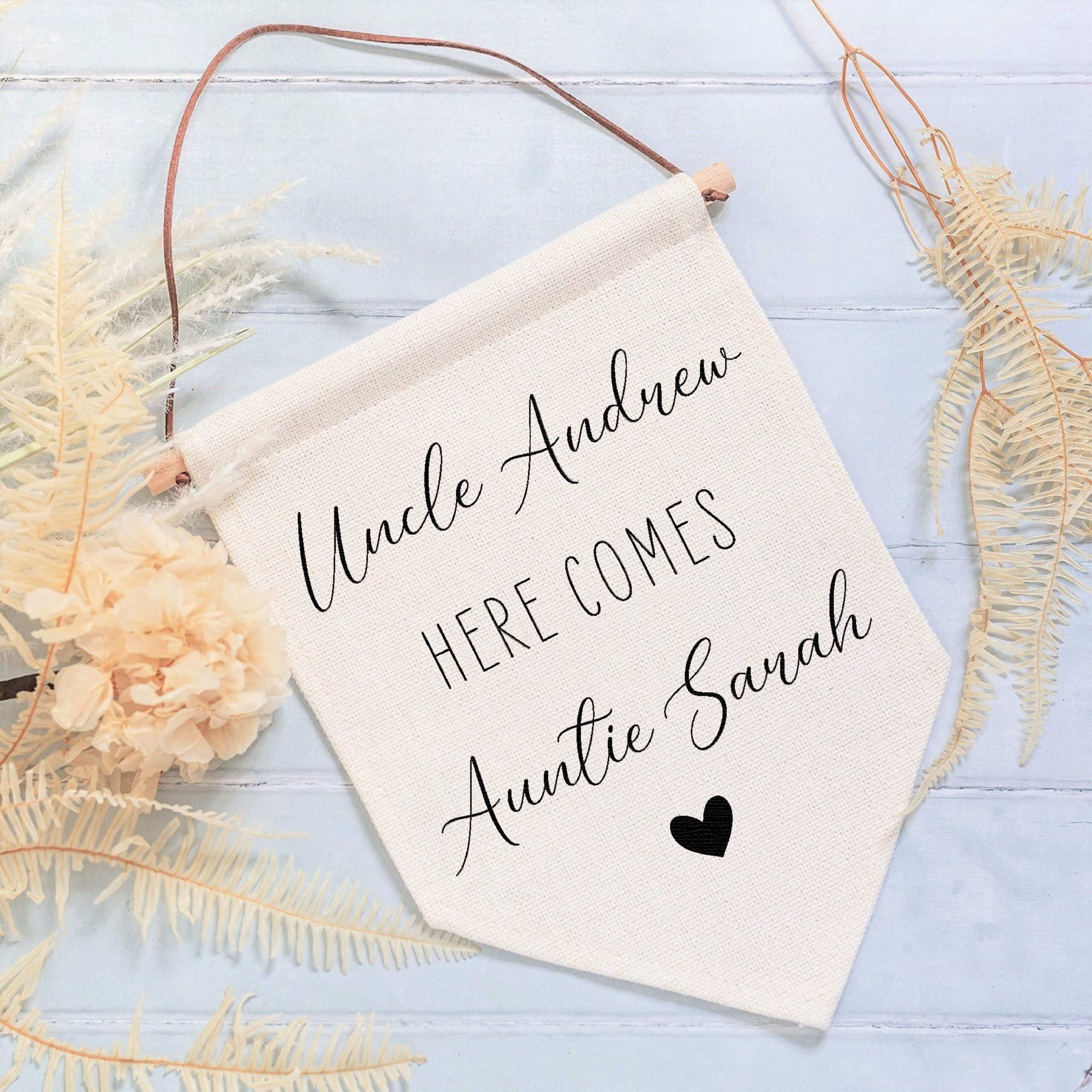 Personalised Here Comes Your Name Bride Wedding Linen Style Flag Banner Sign