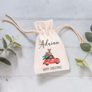Personalised Happy Christmas Linen Drawstring Pouch - Secret Santa Gift Bag