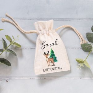 Personalised Happy Christmas Deer Linen Drawstring Gift Bag - Secret Santa Gift Bag
