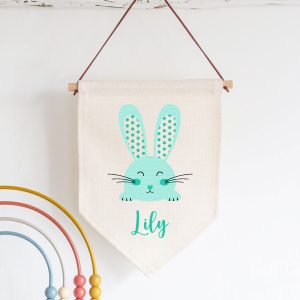 Personalised Bunny Turquoise Name Linen Style Hanging Flag Pennant Sign
