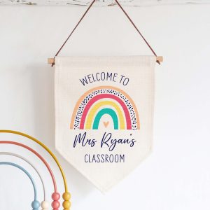 Personalised Teacher Rainbow Classroom Linen Style Hanging Flag Pennant Door Sign