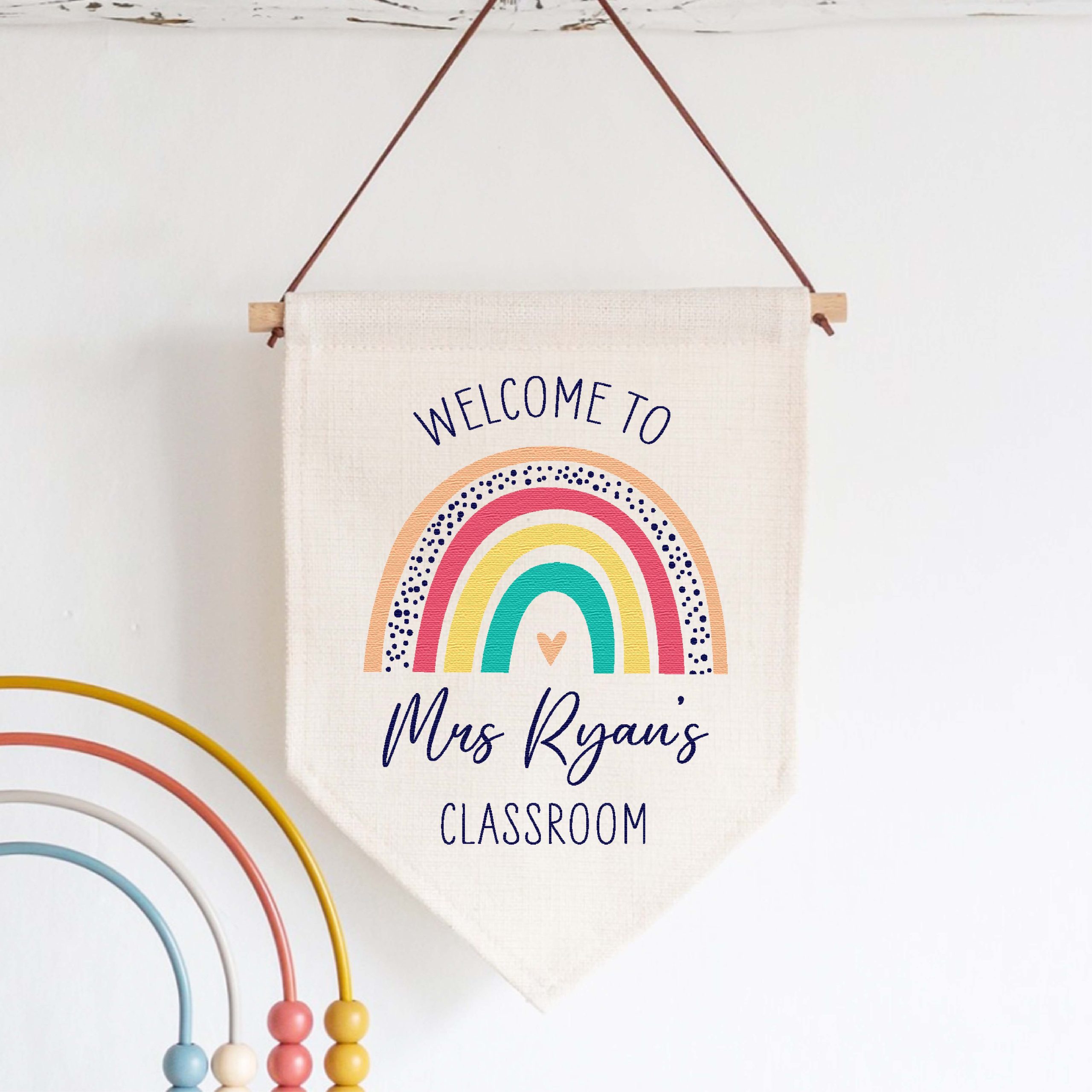 Personalised Teacher Rainbow Classroom Linen Flag - Teacher Appreciation Gift
