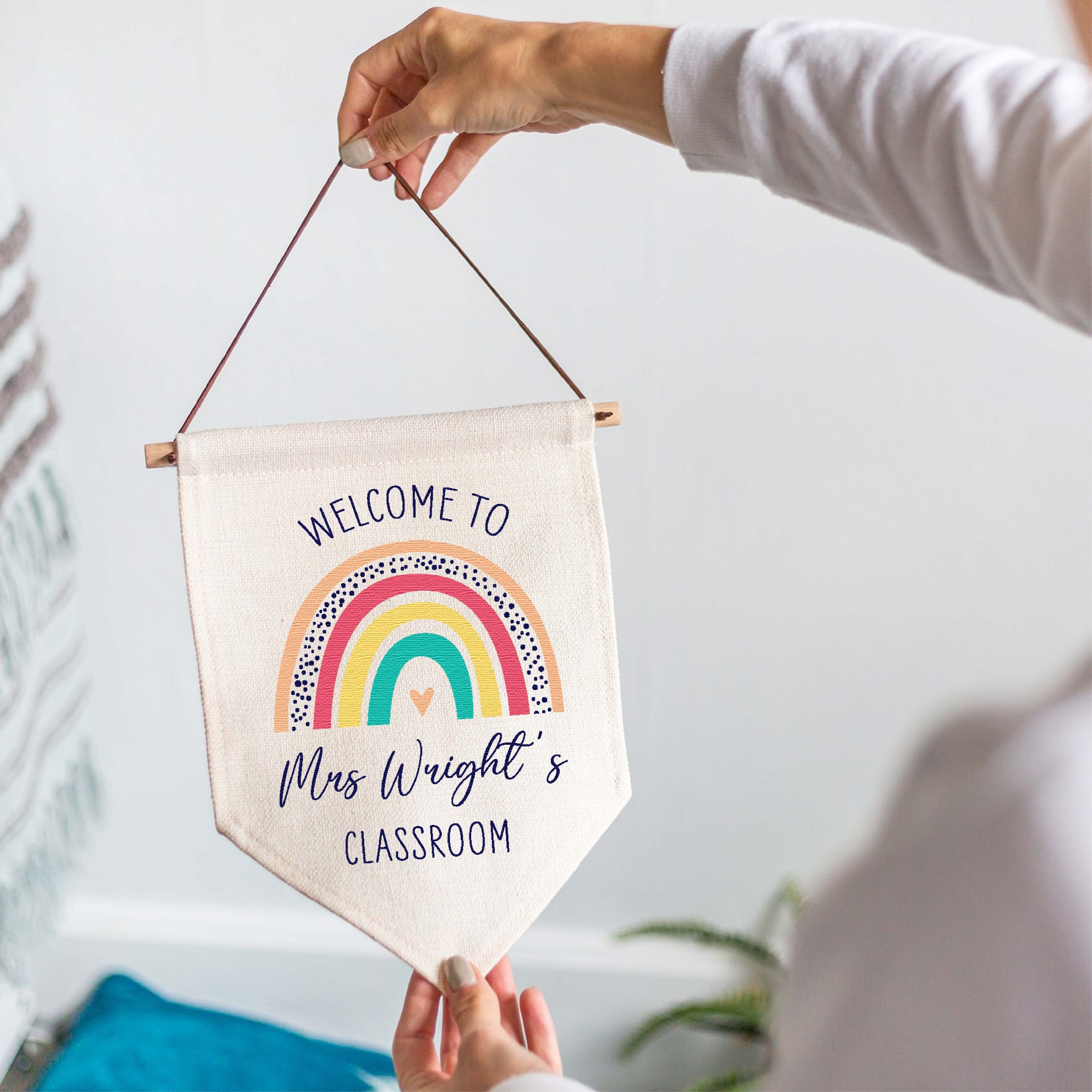 Personalised Teacher Rainbow Classroom Linen Flag - Teacher Appreciation Gift - Image 2