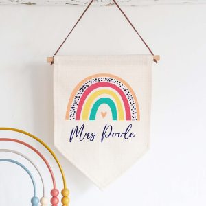 Personalised Teacher Rainbow Linen  Flag - Clasroom Teacher Appreciation Gift