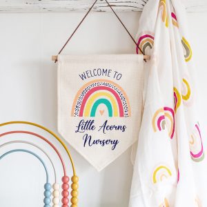 Personalised Nursery Rainbow Linen Style Hanging Flag Pennant Door Sign