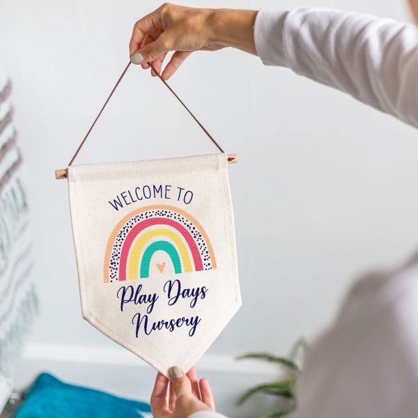Personalised Nursery Rainbow Linen Style Hanging Flag Pennant Door Sign - Image 2