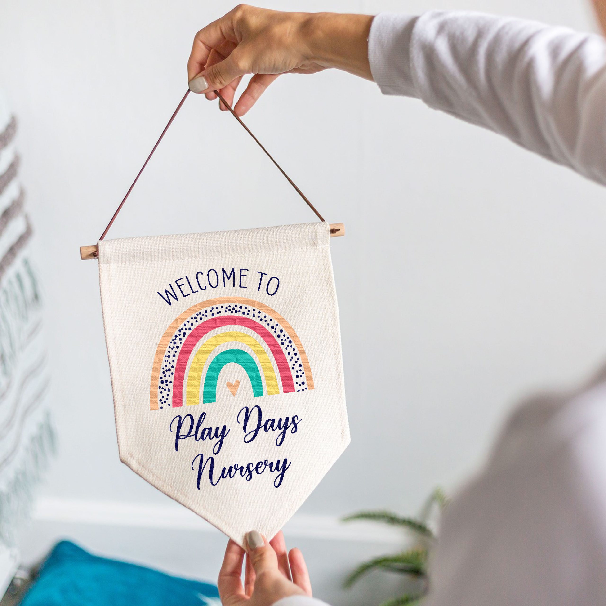 Personalised Nursery Rainbow Linen Style Hanging Flag Pennant Door Sign - Image 2
