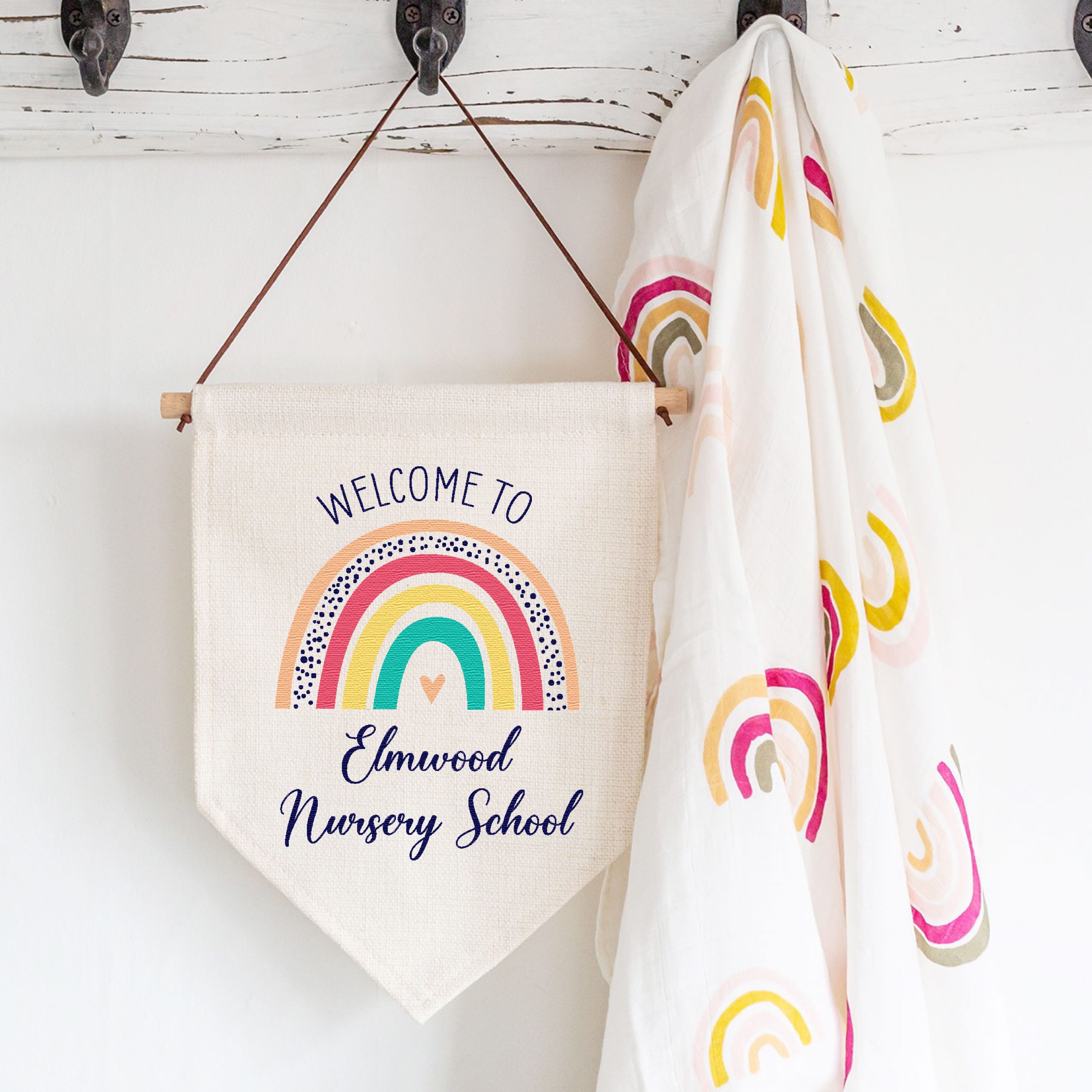 Personalised Nursery Rainbow Linen Style Hanging Flag Pennant Door Sign - Image 4