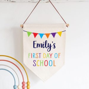 Personalised First Day Of School Linen Style Hanging Flag Pennant Sign
