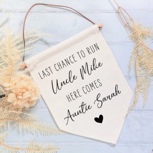 Personalised Last Chance To Run Linen Flag - Page Boy or Flower Girl Sign