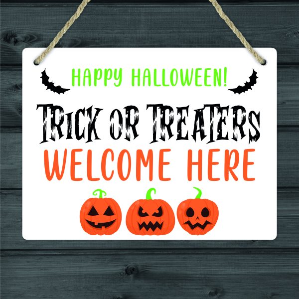 Halloween Trick Or Treaters Welcome Metal Hanging Sign Plaque - Image 2