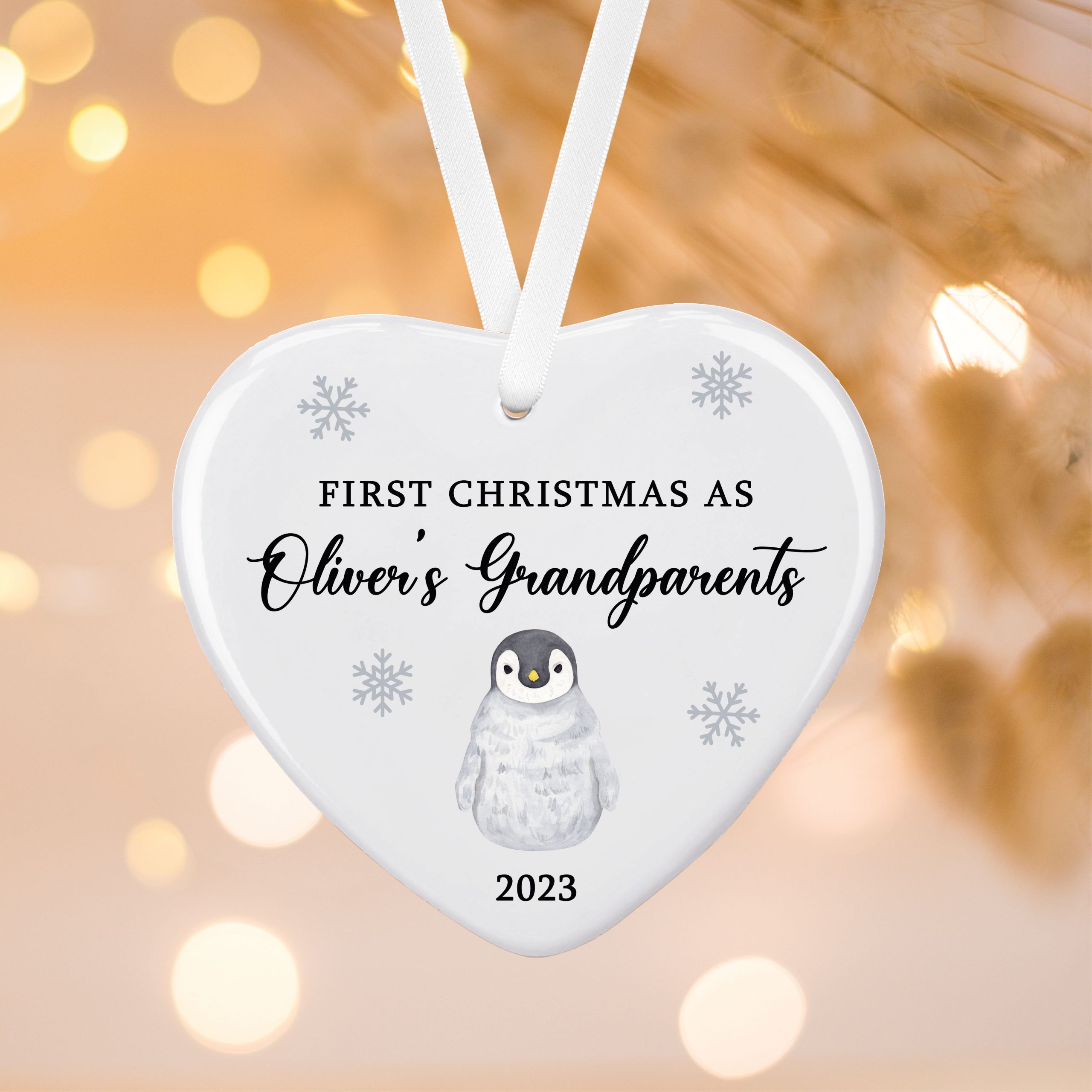 Personalised First Christmas Grandparent Penguin Ceramic Christmas Tree Bauble - Gift for New Grandparents - Image 2