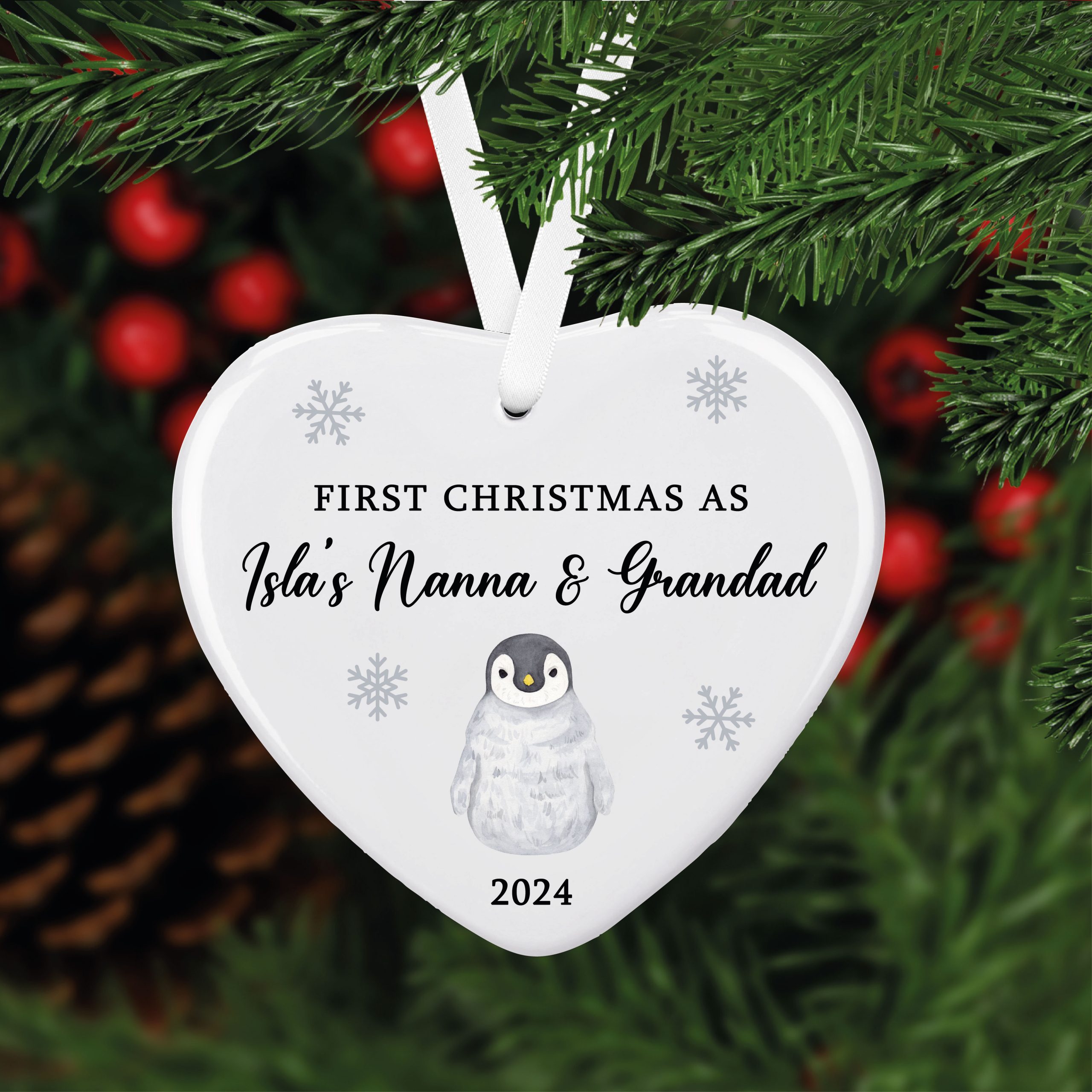 Personalised First Christmas Grandparent Penguin Ceramic Christmas Tree Bauble - Gift for New Grandparents - Image 3