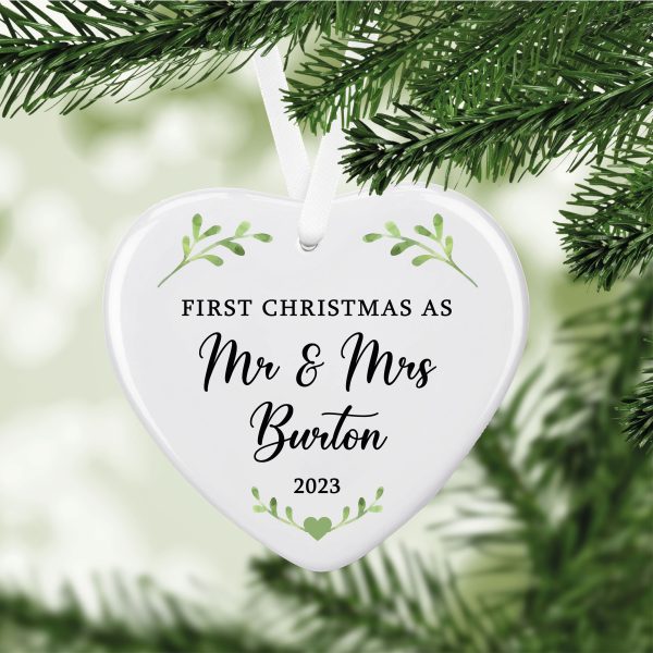 Personalised First Christmas Married Ceramic Heart Hanging Christmas Tree Bauble Decoration Ornament