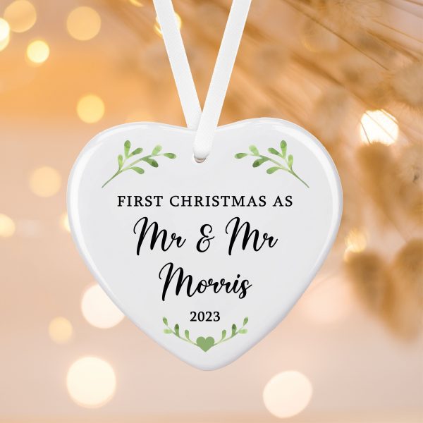 Personalised First Christmas Married Ceramic Heart Hanging Christmas Tree Bauble Decoration Ornament - Image 2