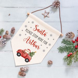Personalised Santa Stop Here Linen Flag - Seasonal Family Xmas Wall Art Décor