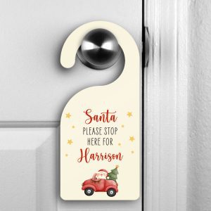 Personalised Santa Stop Here Wooden Door Hanger - Seasonal Family Xmas Décor