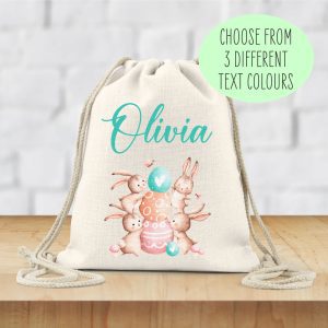 Personalised Easter Bunny Linen Style Drawstring Bag