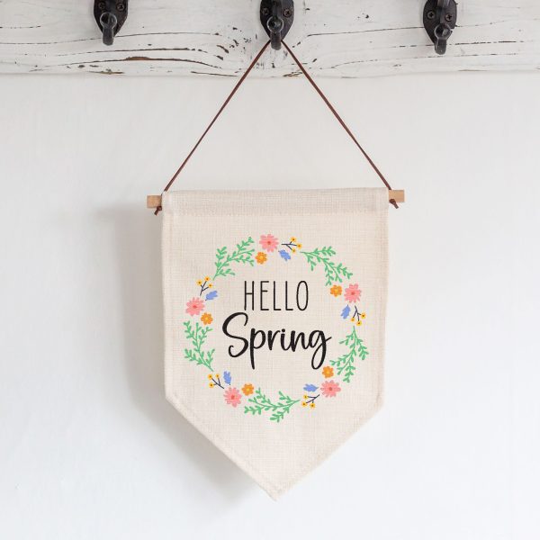 Hello Spring Flower Wreath Linen Style Hanging Flag Pennant Sign
