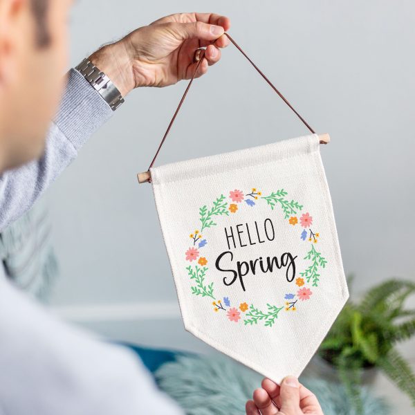 Hello Spring Flower Wreath Linen Style Hanging Flag Pennant Sign - Image 2