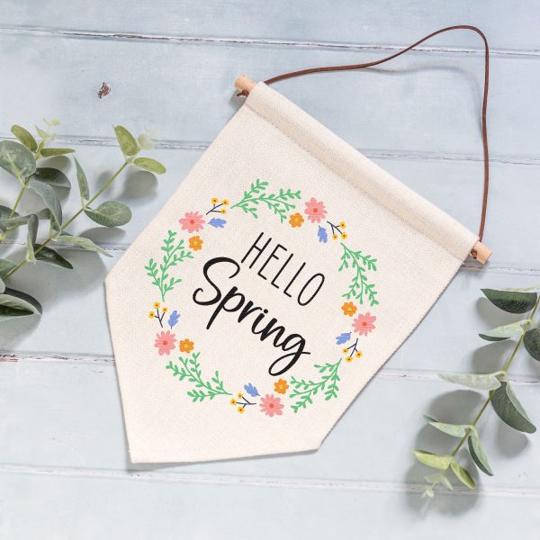 Hello Spring Flower Wreath Linen Style Hanging Flag Pennant Sign - Image 3