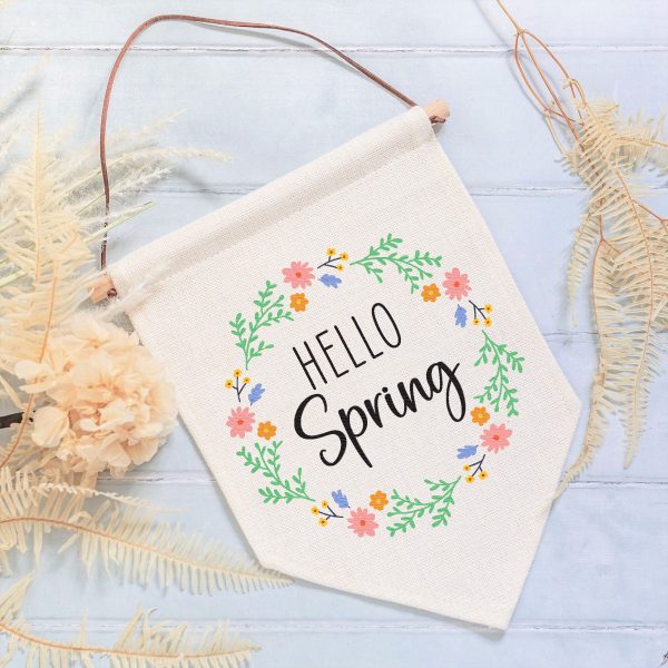 Hello Spring Flower Wreath Linen Style Hanging Flag Pennant Sign - Image 5