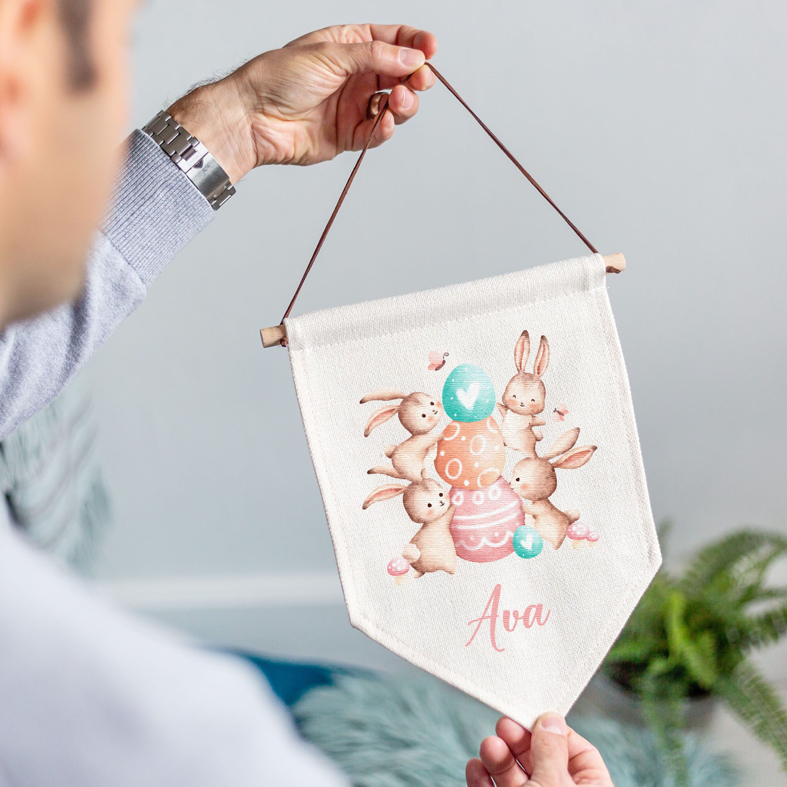 Personalised Easter Bunny Linen Style Hanging Flag Pennant Sign - Image 3