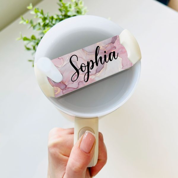 Personalised Name Pink Marble Metal Tumbler Cup Topper Plate Tag Gift - Image 2