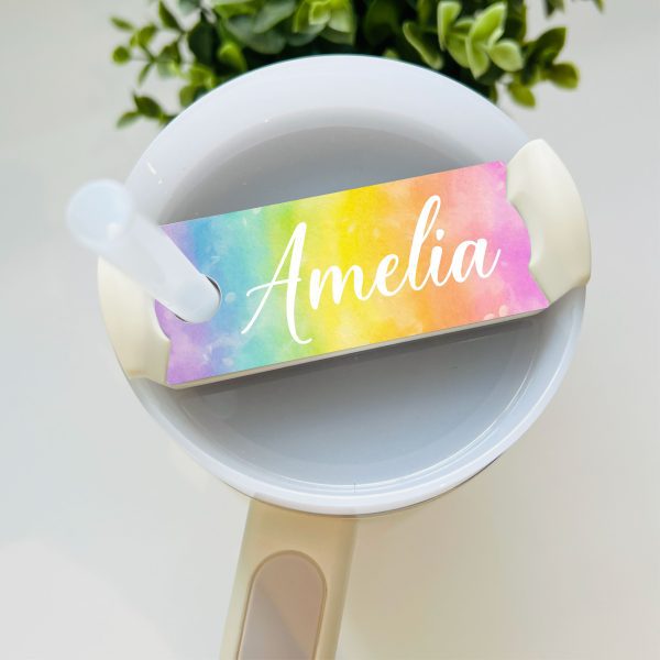 Personalised Name Rainbow Metal Tumbler Cup Topper Plate Tag Gift