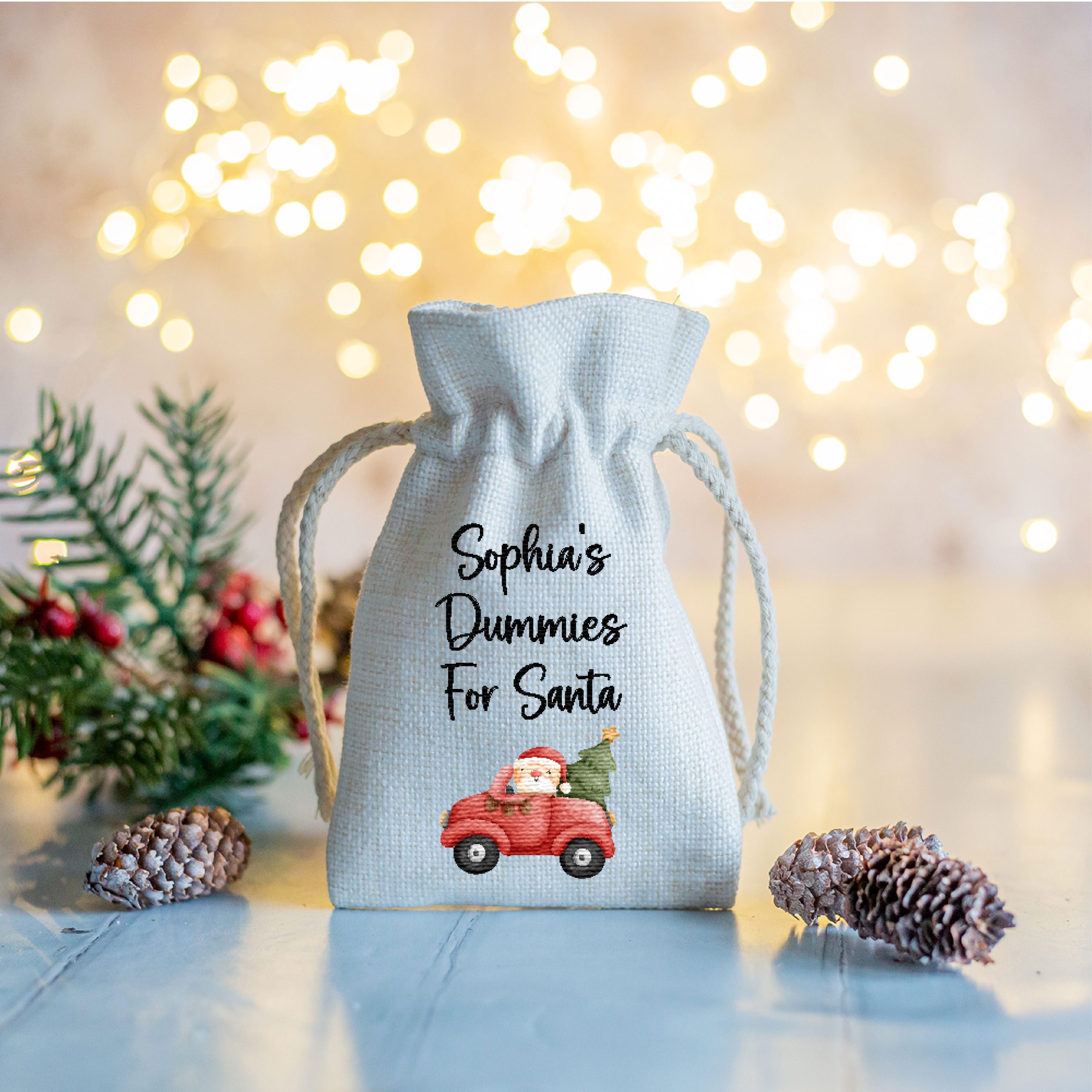 Personalised Dummy Santa Christmas Linen Style Drawstring Bag Pouch