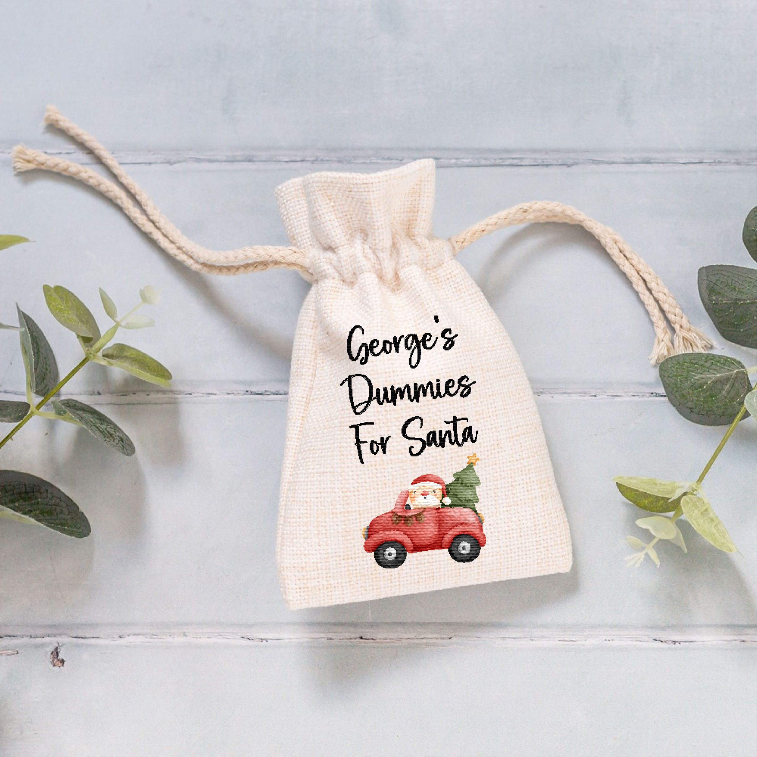 Personalised Dummy Santa Christmas Linen Style Drawstring Bag Pouch - Image 2