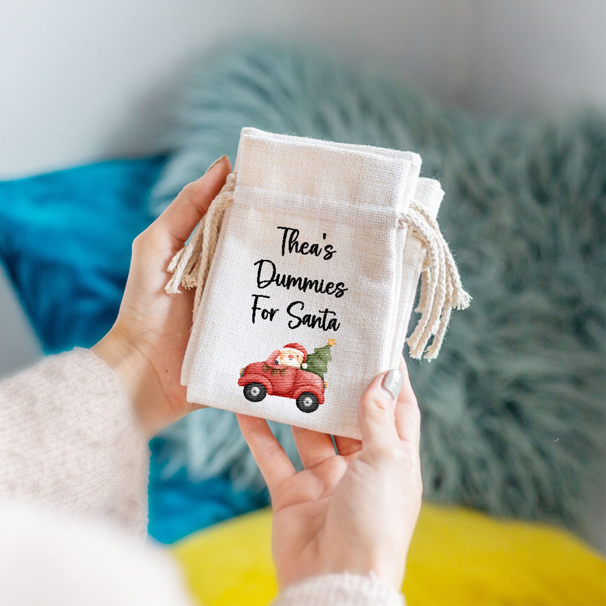 Personalised Dummy Santa Christmas Linen Style Drawstring Bag Pouch - Image 3